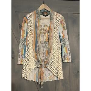 Vintage Alberto Makali Top Small Floral Beaded Crochet Sheer Shawl Stretchy Y2k